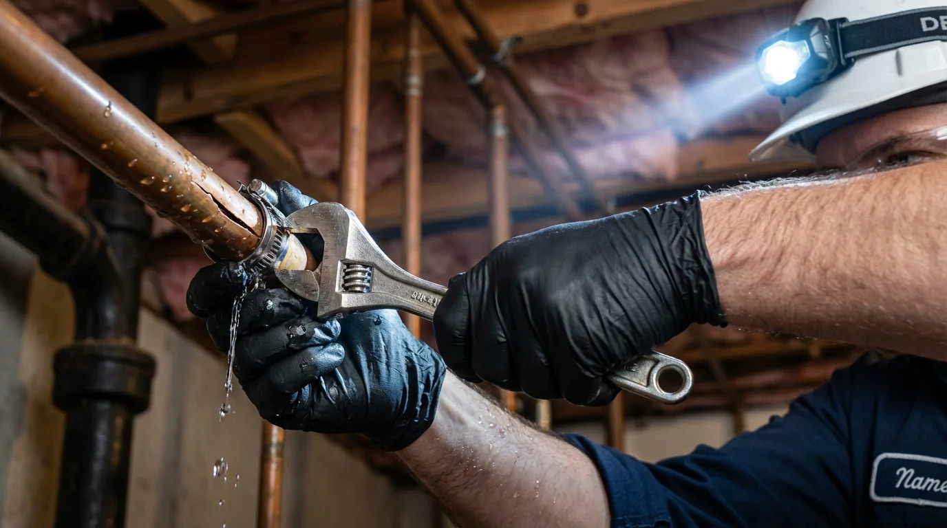 Emergency pipe clamp repair being performed by a Johns Plumbing LLC plumber in Fort Stockton