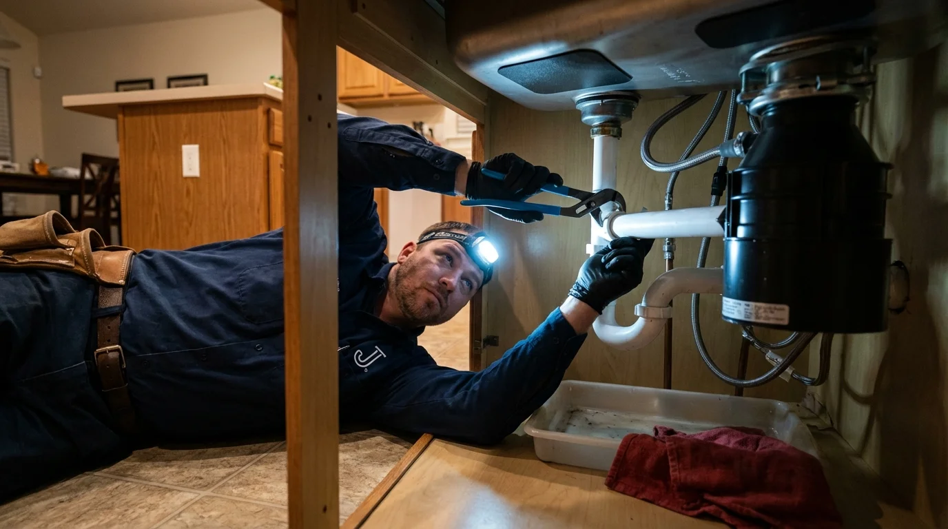 P-trap and supply line connections under a kitchen sink showing a common leak point in Fort Stockton, TX
